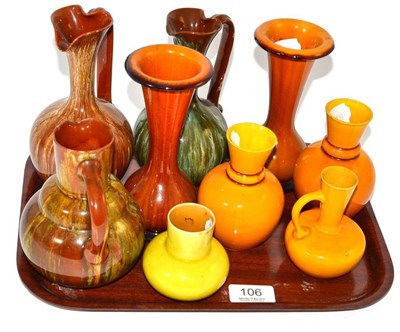 Lot 106 - Two matched pairs of Linthorpe pottery vases, shaped 2204 and 1610, 11.5cm and 16cm; and five other