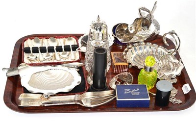 Lot 108 - A collection of silver including six teaspoons, sugar caster, buckle, tea strainer, vases, also...