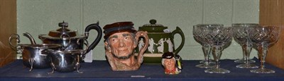 Lot 109 - Six goblets, teapot, plated sugar bowl and cream jug, Carltonware teapot, a large Toby jug and...