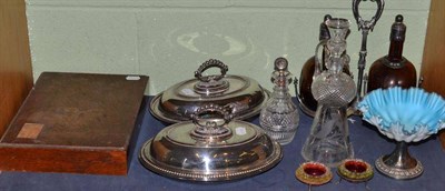 Lot 111 - A pair of plated entree dishes, oak cased canteen of community plate, Victorian pedestal dish,...