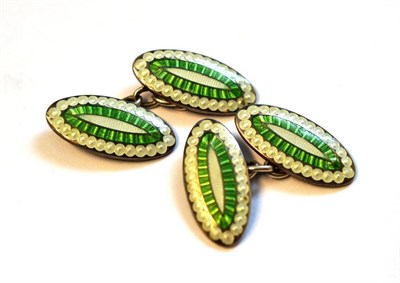 Lot 395 - A Pair of Enamelled Silver Cufflinks, chain linked lozenge shaped heads enamelled in green and...