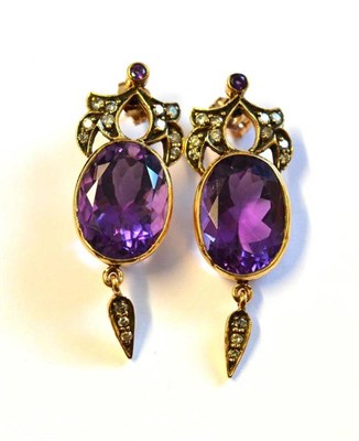 Lot 396 - A Pair of Amethyst and Diamond Drop Earrings, a round amethyst and brilliant cut diamonds in a...