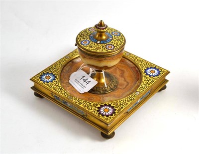 Lot 144 - Yellow champleve enamel inkstand with hardstone mounts