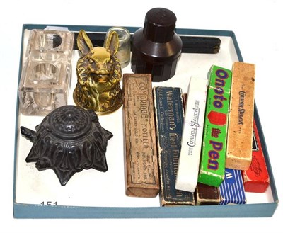 Lot 151 - Quantity of empty pen boxes, pen wipe in the form of a foxes mask, travelling ink pot etc