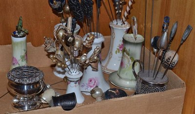 Lot 156 - Collection of assorted decorative hat pins, six pottery hat stands, plated posy holder and...