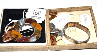 Lot 158 - Scottish hardstone brooch, a pair of 9ct gold cufflinks, another pair, silver napkin ring and...