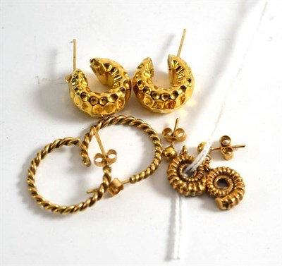 Lot 161 - A pair of earrings, stamped '750', a pair of 9ct gold earrings and another pair of earrings