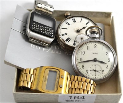 Lot 164 - A silver pocket watch, two digital Seiko wristwatches and a Smith's pocket watch (4)