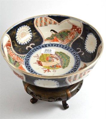 Lot 203 - A Japanese Imari silver rim bowl on wood stand