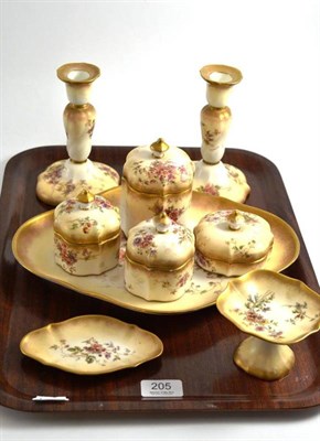 Lot 205 - Royal Doulton dressing table set signed H Allen, a pair of candlesticks, four jars and covers...