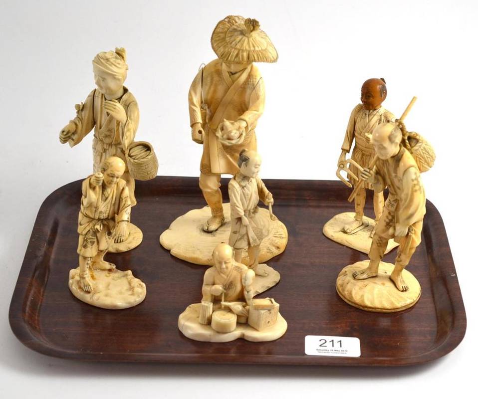 Lot 211 - Seven various Japanese ivory figures, Meiji period