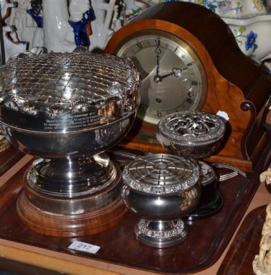 Lot 212 - Silver presentation rose bowl, set of six fruit forks and one knife, two plated rose bowls and...