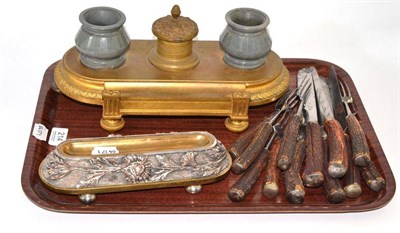 Lot 214 - A Russian presentation ormolu inkwell, Victorian stag handled knives and forks and a silver...