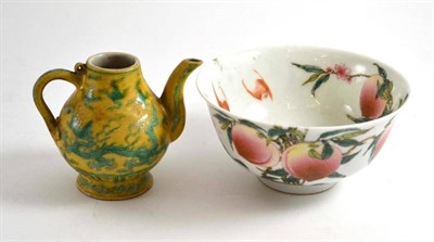 Lot 220 - Chinese porcelain bowl painted with peaches and a small yellow ground green dragon teapot