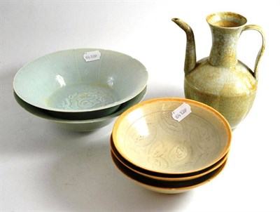 Lot 221 - Five Chinese celadon bowls and a wine pot