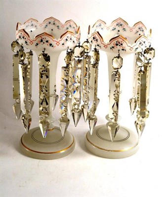 Lot 223 - A pair of Victorian opaque white glass lustres with cut glass drops