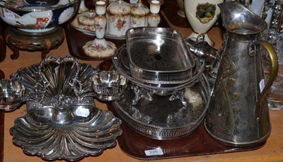 Lot 225 - A silver plated strawberry dish in the Rococo style, an Arts & Crafts style jug, etc