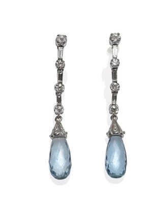 Lot 406 - A Pair of 18 Carat White Gold Aquamarine and Diamond Drop Earrings, a row of alternating round...