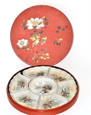 Lot 235 - Early 20th century Japanese porcelain hors d'oeuvres set in lacquer box