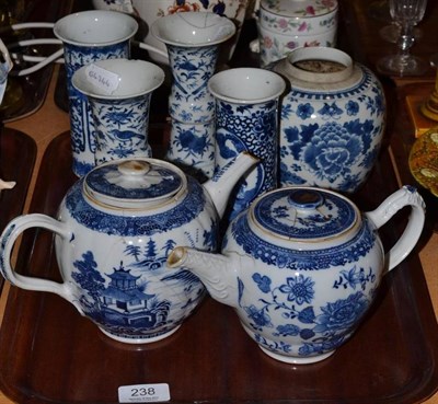 Lot 238 - Two Chinese teapots with blue painted decoration, a similar ginger jar, a pair of Chinese vases...