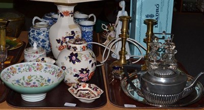 Lot 240 - Pair of 19th century brass candlesticks, wick trimmer and tray, plated cruet set, plated ware,...