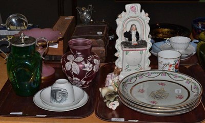 Lot 245 - A Staffordshire flatback depicting John Wesley, Chinese export plates, Bohemian cranberry...