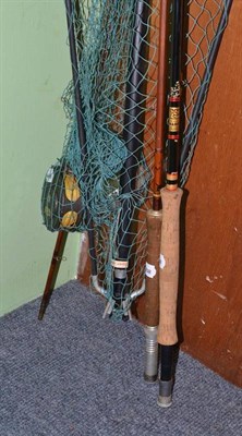 Lot 248 - Hardy two piece fishing rod and another two piece rod, landing net, reel and a tin of flies