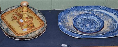 Lot 251 - A blue and white meat plates, pair of Imari pattern chargers, four other blue and white plates,...