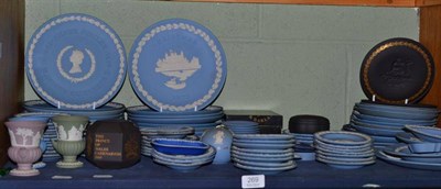 Lot 269 - A large quantity of assorted Wedgwood Jasperware plates, pin trays, etc (shelf)