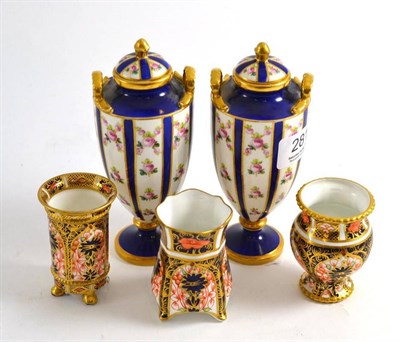 Lot 281 - A pair of small Minton vases and three miniature Royal Crown Derby vases/pots