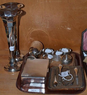 Lot 301 - Pair of silver posy vases (repairs & loaded), five silver napkin rings, cased manicure set,...