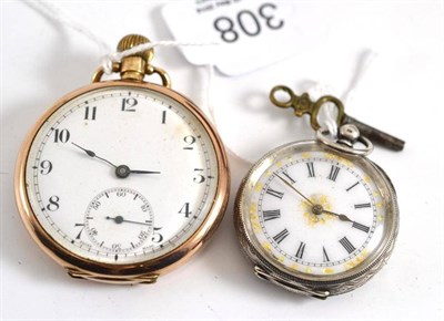 Lot 308 - A 9ct gold top wind pocket watch and a Continental silver cased key wind fob watch