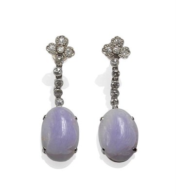 Lot 414 - A Pair of Lilac Jade and Diamond Drop Earrings, a trefoil cluster of eight-cut diamonds...