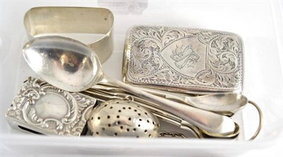 Lot 310 - A small collection of silver comprising egg shaped tea shaker, cigarette case, matchbox holder,...