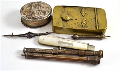 Lot 312 - Silver fruit knife, Charles Horner brooch, brass snuff box, etc