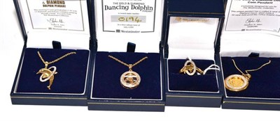 Lot 313 - A 9ct gold diamond set dolphin ring, a pendant on chain, a dolphin pendant on chain and another...