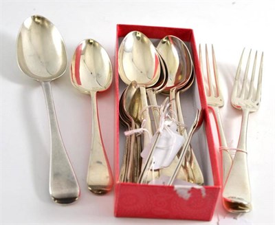 Lot 342 - A set of six silver dessert spoons and two forks, Sheffield 1917/18, a set of six silver...