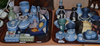 Lot 377 - Assorted Jasperware including boxes and covers, pin trays, vases, cased coin, etc (two trays)