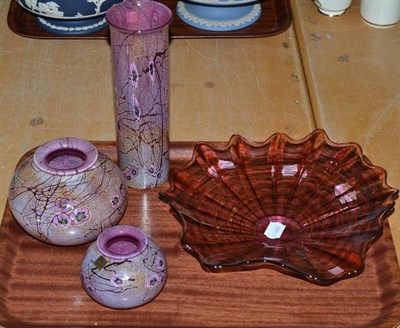 Lot 382 - Isle of Wight pink glass bowl etched to base and dated 2010, pink cherry blossom squat vase,...