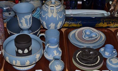 Lot 383 - Jasperware two handled vase, bowls, plates, etc (two trays)