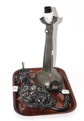 Lot 387 - Kayserzinn 4521 pewter candlestick (converted), Kenrick door knocker and another