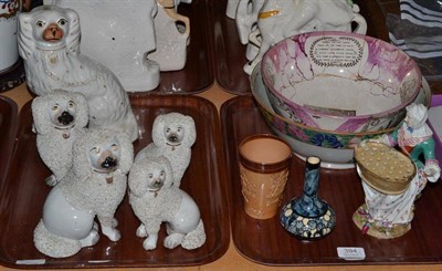 Lot 394 - Two trays including a Doulton Lambeth vase, beaker, five Staffordshire dogs, a 19th century Meissen