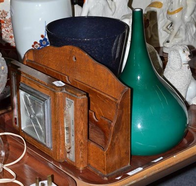 Lot 395 - An oak letter rack and barometer, an Art Glass vase and a lamp shade