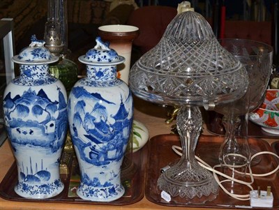 Lot 396 - A large Victorian glass vase with etched decoration (a.f.), a mushroom lamp (a.f.), a pair of...