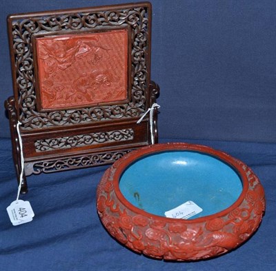 Lot 404 - Chinese lacquer panel on stand and a lacquer bowl