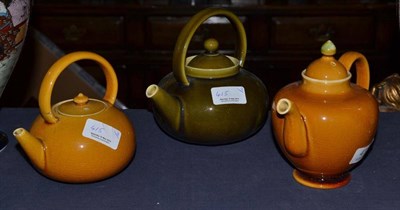 Lot 415 - A Linthorpe pottery teapot, designed by Christopher Dresser, shape 662, 15cm and two Linthorpe...