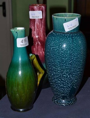 Lot 416 - Linthorpe pottery jug, shape no. 596, 20cm and two Linthorpe pottery vases, 24 and 876 (3)