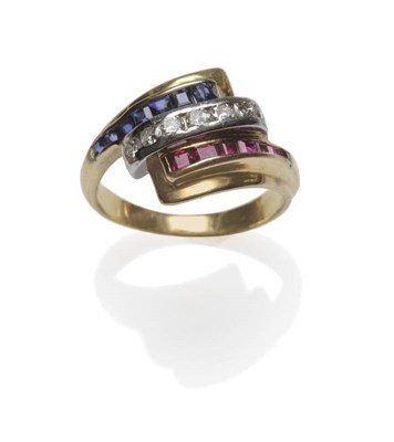 Lot 427 - A Ruby, Sapphire and Diamond Ring, signed 'CARTIER', the three row twist ring comprising a row...