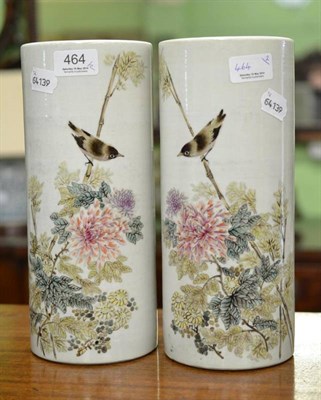 Lot 464 - Pair of Chinese famille rose cylindrical vases