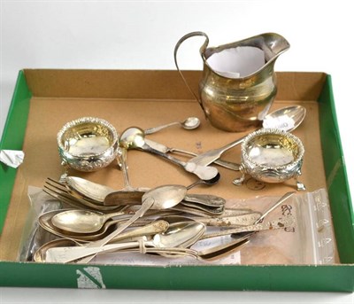 Lot 473 - Georgian silver jug, pair of silver salts and assorted Georgian and later silver flatware